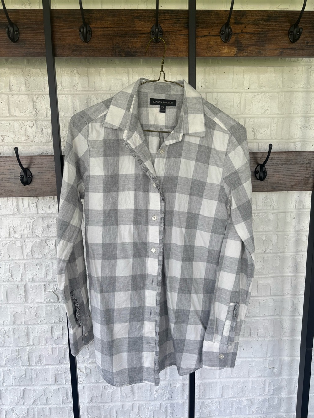 Banana Republic Gray and White Checked Button-Down Shirt